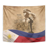 Brown memorial tapestry close-up showing soldier silhouette, 'HOME OF THE FREE', and Philippine flag