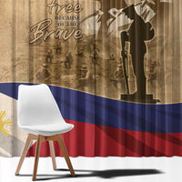 Brown curtain fabric with soldier silhouette and “Free because of the Brave” lettering