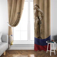 Brown sheer window curtain with soldier silhouette and flag-color stripe hem