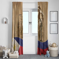 Brown curtain pair with soldier silhouette design and flag-color diagonal stripe