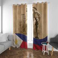 Brown curtain panels with soldier silhouette and Philippine flag-color stripes at bottom