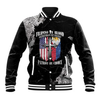 Black grunge baseball jacket with striped ribbed collar, front graphic, and snap button placket