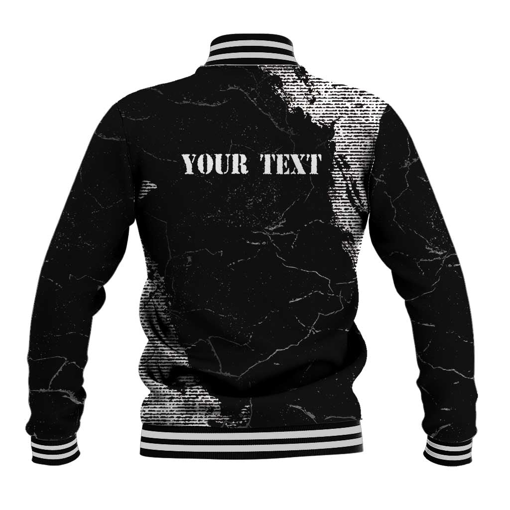 Black grunge baseball jacket with striped ribbed collar and back 'YOUR TEXT' print