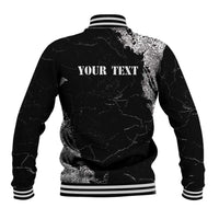 Black grunge baseball jacket with striped ribbed collar and back 'YOUR TEXT' print