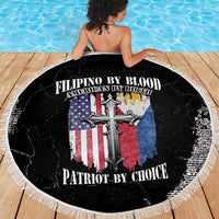 Round black beach blanket with fringe edge, patriotic cross graphic and multicolor flag artwork