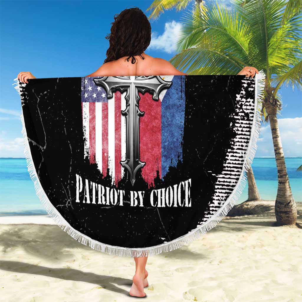 Round black beach blanket with fringe edge, patriotic cross design with flag colors