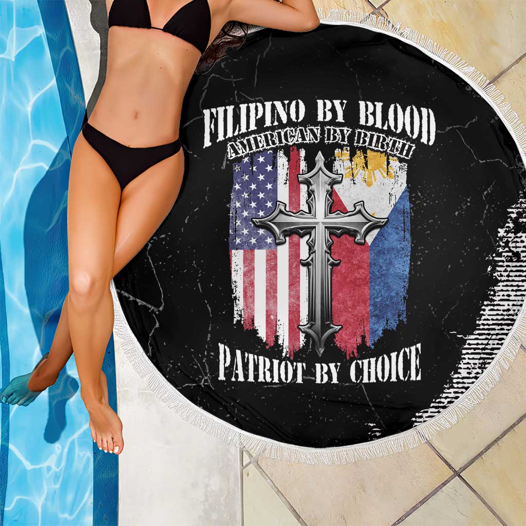 Round black beach blanket with fringe edge, patriotic cross graphic and flag-color design