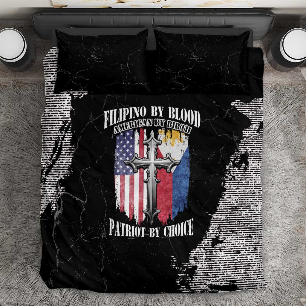 Black grunge bedding set with flag-and-cross graphic on duvet and two pillowcases
