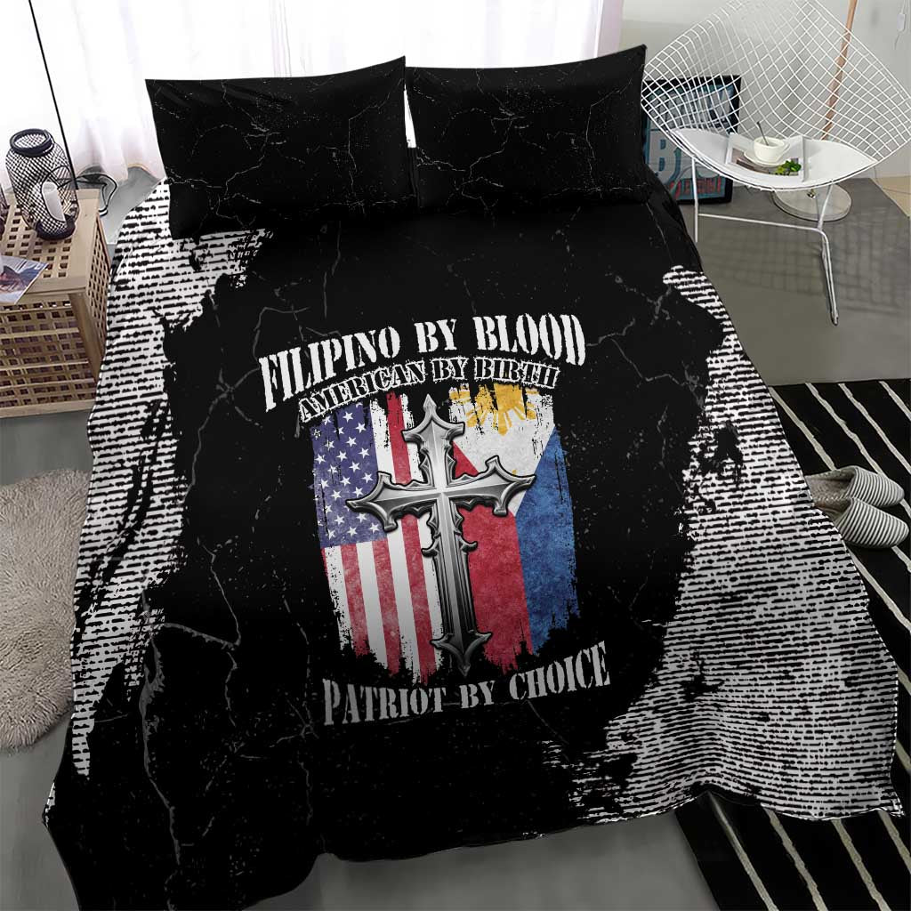 Black bedding set with flag-and-cross graphic duvet and two black pillowcases