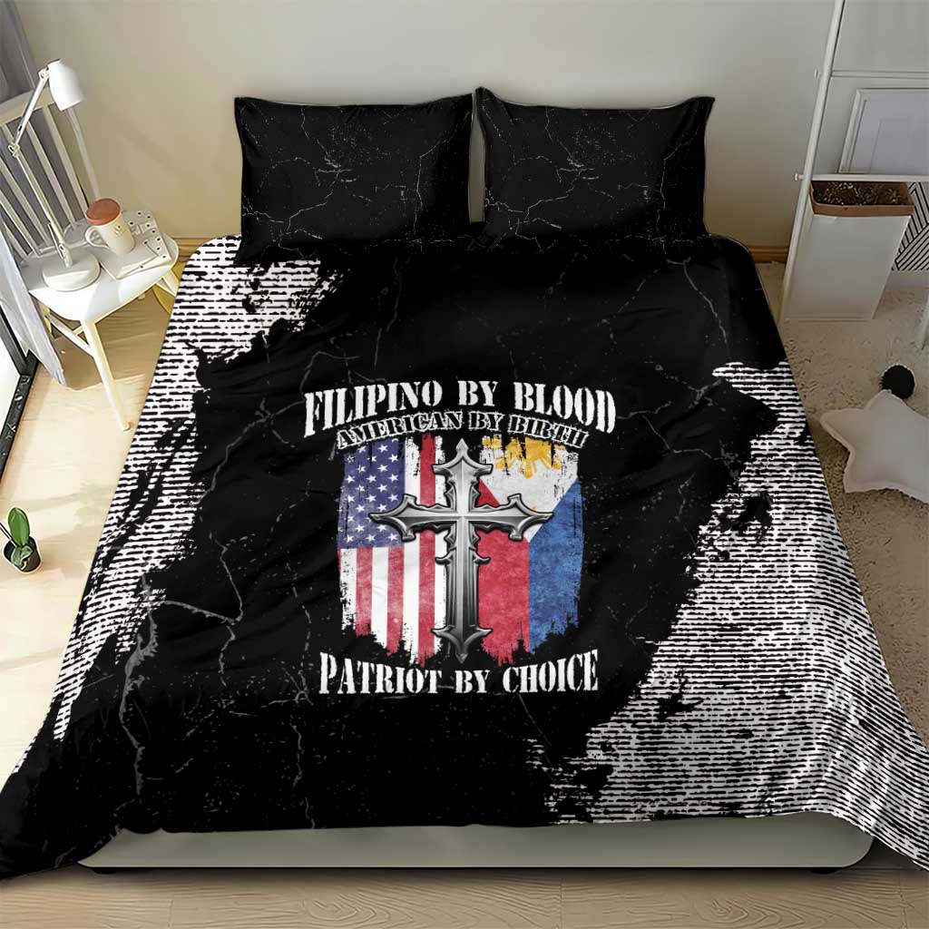 Black bedding set with flag-and-cross graphic duvet featuring distressed grunge texture