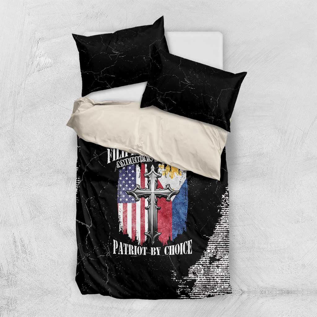 Black bedding set with flag-and-cross graphic on duvet and two black pillowcases