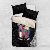 Black bedding set with flag-and-cross graphic on duvet and two black pillowcases