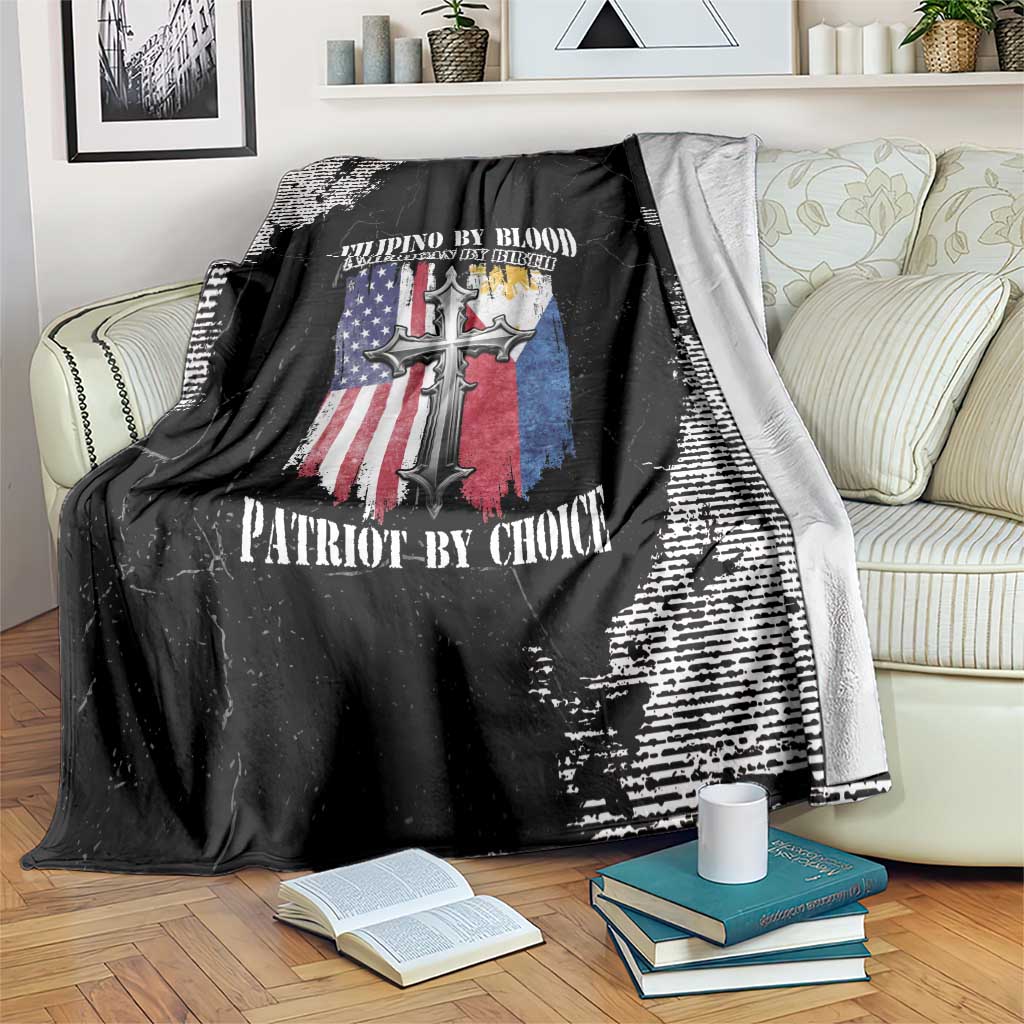 Black grunge throw blanket on bed with cross-and-flag artwork and white lettering