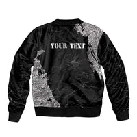 Black bomber jacket back with grunge text 'YOUR TEXT' and ribbed hem