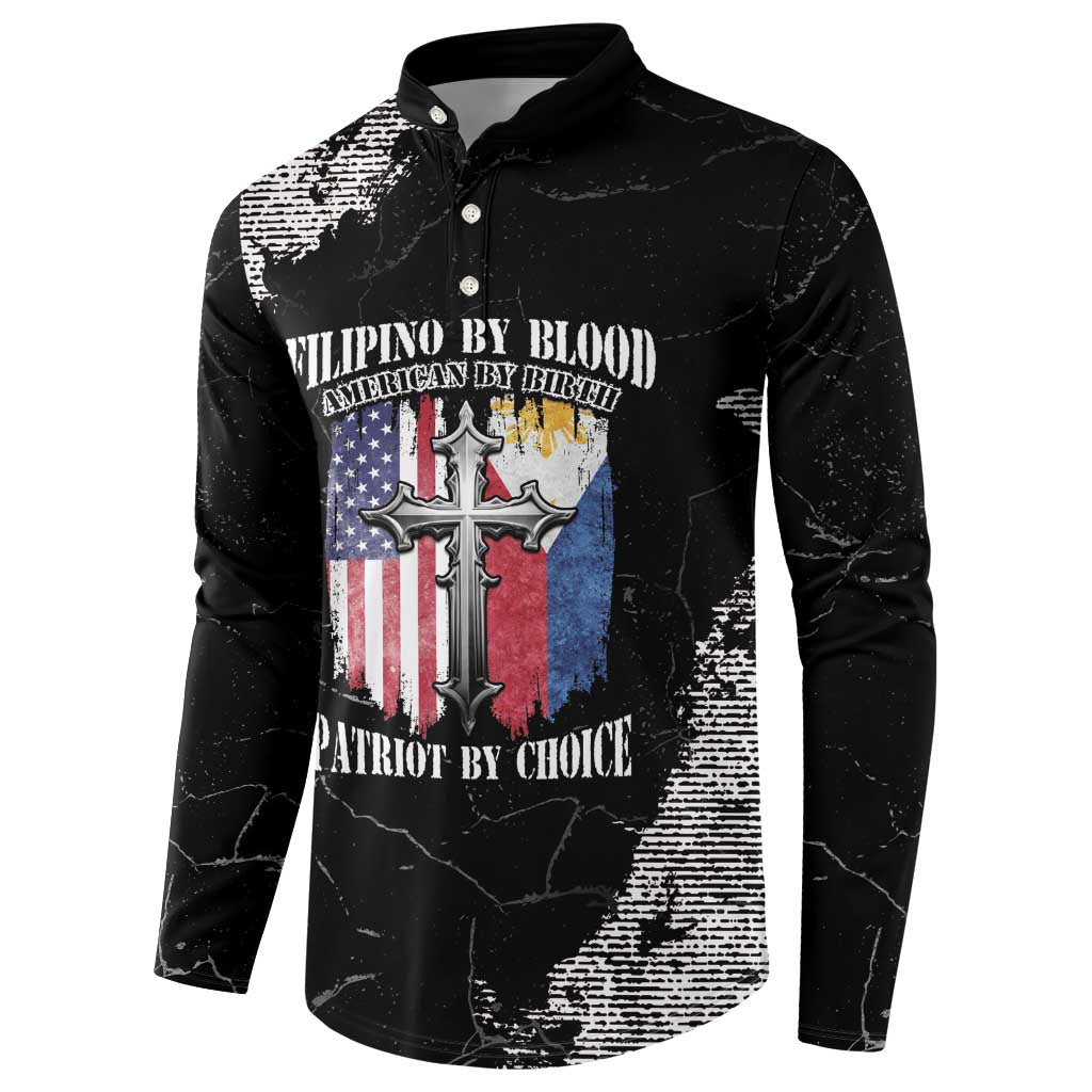 Black grunge button sweatshirt with full front graphic and standing collar