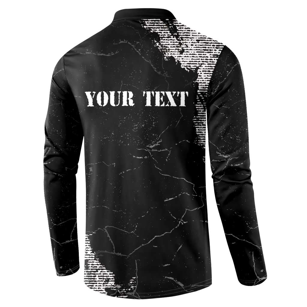 Black grunge button sweatshirt with whitewashed back graphic and standing collar
