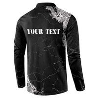 Black grunge button sweatshirt with whitewashed back graphic and standing collar