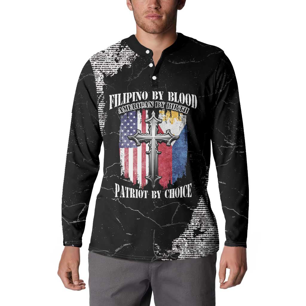 Black grunge button sweatshirt on model, front emblem graphic, long sleeves