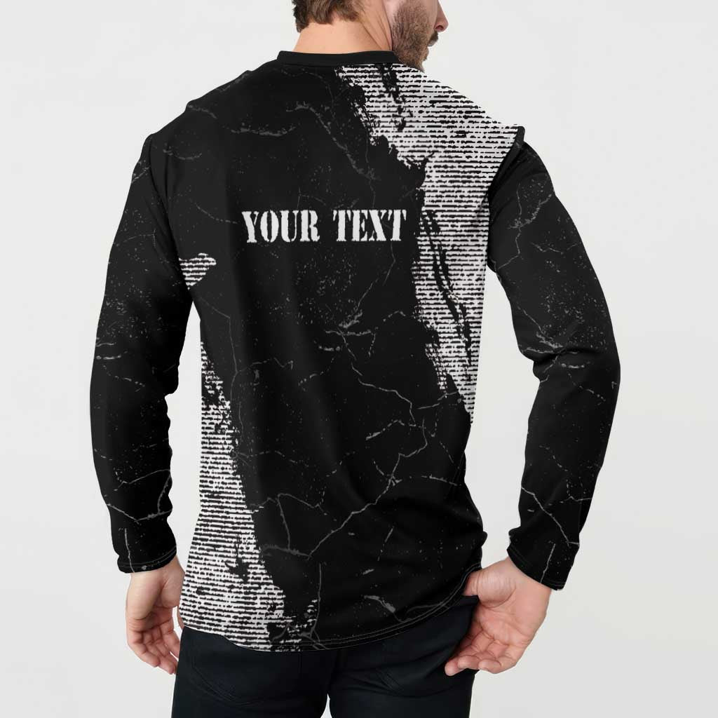 Black grunge button sweatshirt, back view with full text graphic and standing collar