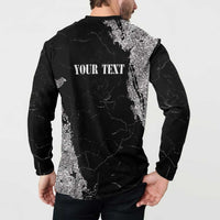 Black grunge button sweatshirt, back view with full text graphic and standing collar