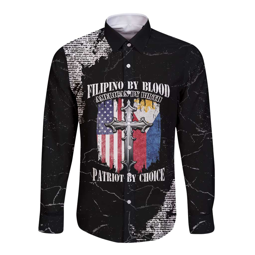Black long-sleeve button shirt with grunge graphic and red/blue cross flags, front