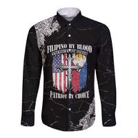 Black long-sleeve button shirt with grunge graphic and red/blue cross flags, front