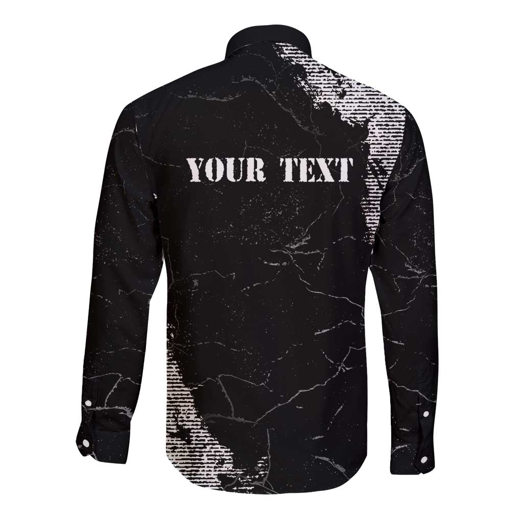 Black long-sleeve button shirt, grunge back with 'YOUR TEXT' placeholder