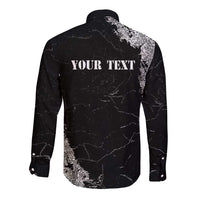 Black long-sleeve button shirt, grunge back with 'YOUR TEXT' placeholder
