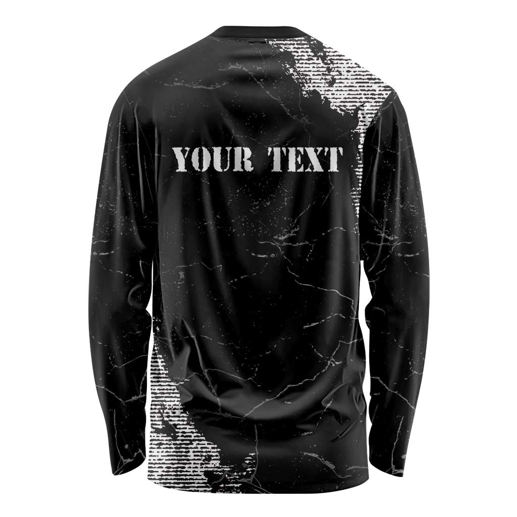 Black long-sleeve grunge T-shirt with back YOUR TEXT white print