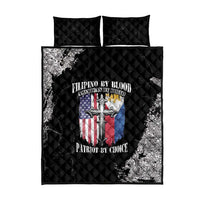 Black quilt bed set with two matching pillowcases and patriotic cross/flag center print