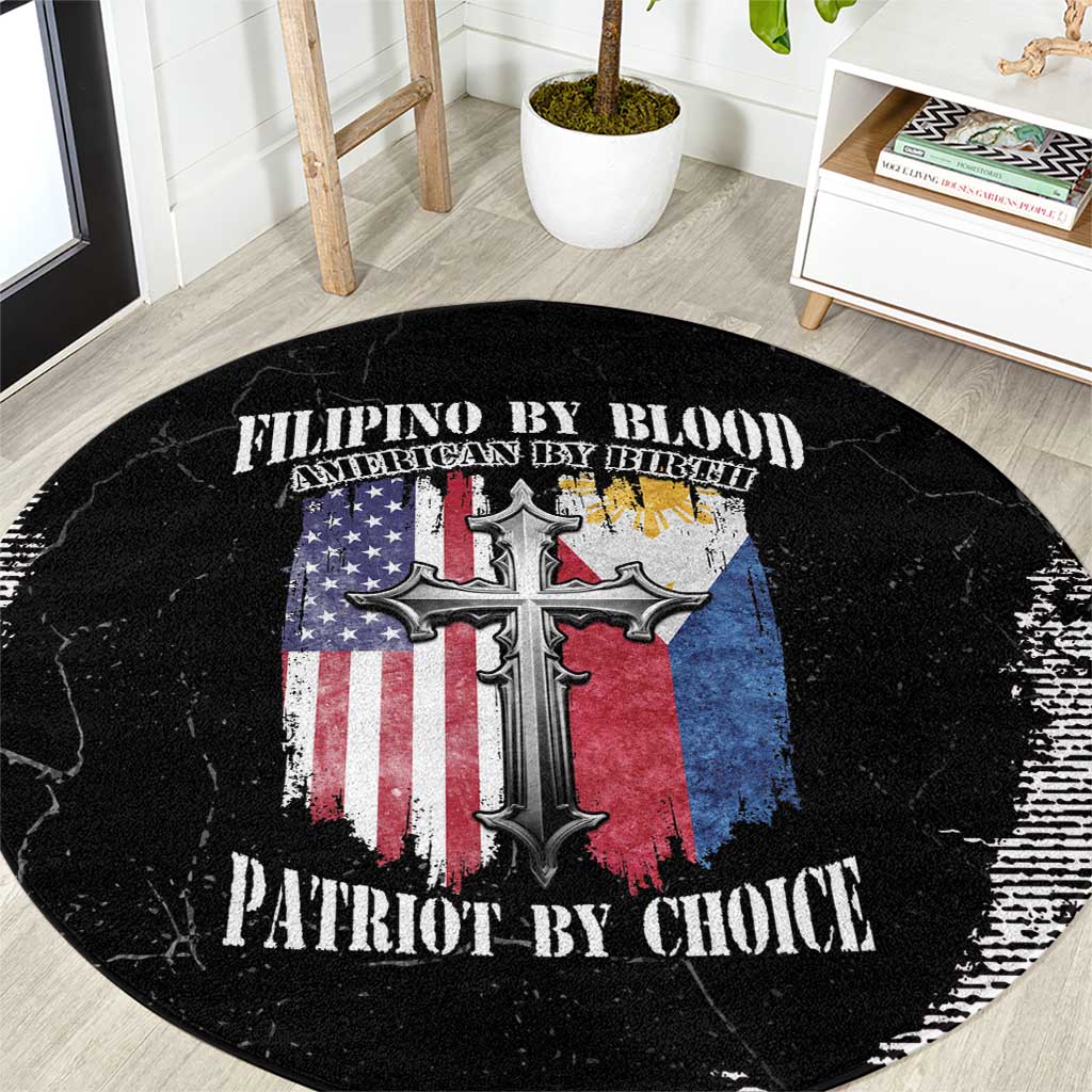 Black round grunge rug with large cross and U.S. flag graphic, distressed text print