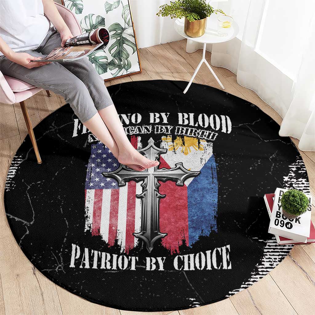 Black round grunge rug with patriotic cross, U.S. flag colors, and bold text