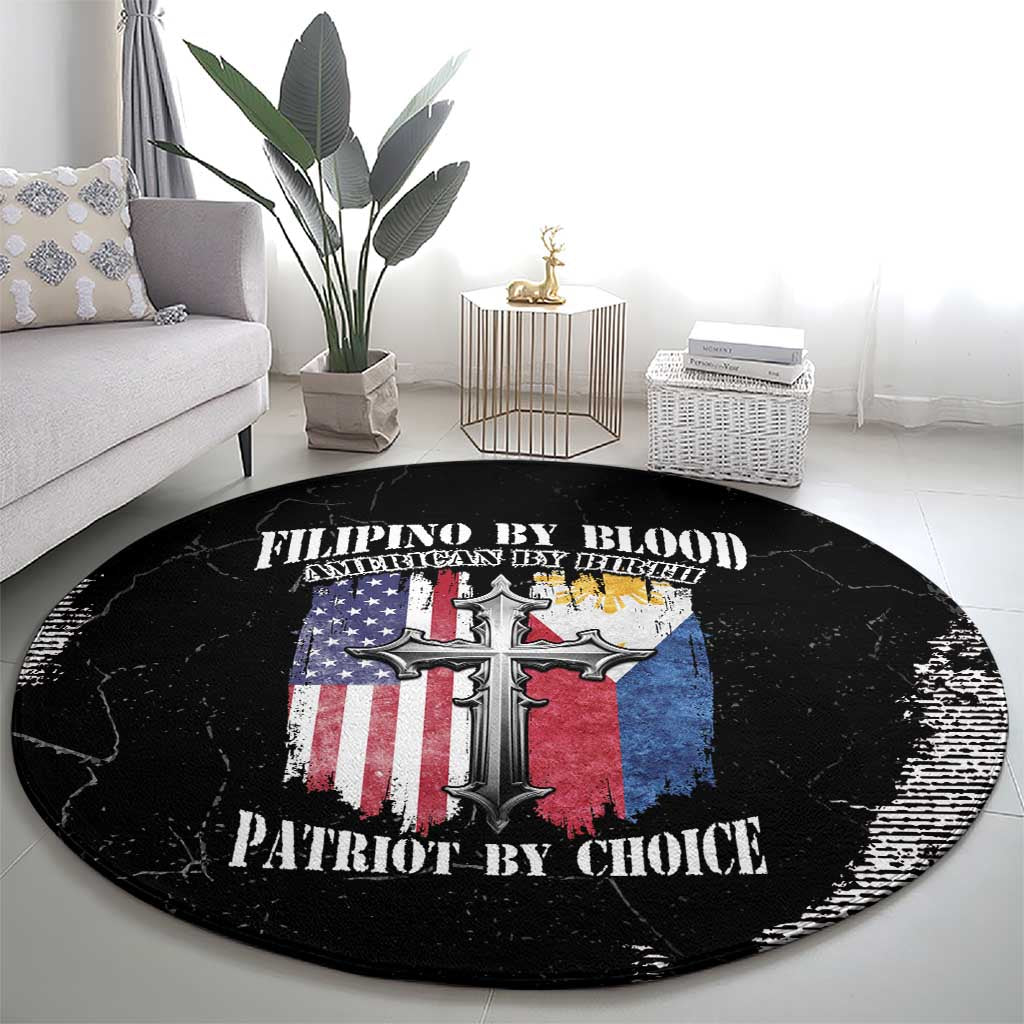 Black round grunge-style rug with patriotic cross, U.S. flag colors and text print