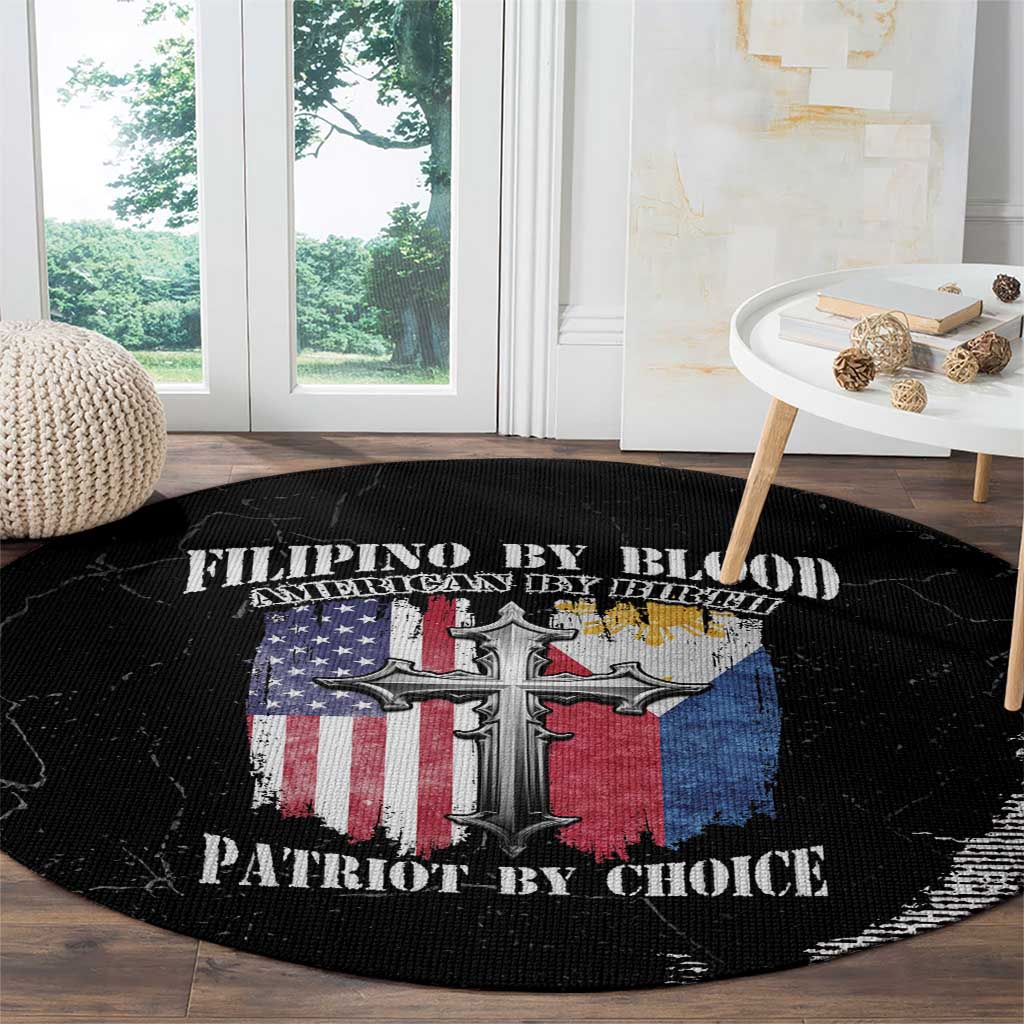 Black round grunge rug with centered cross over U.S. flag colors and slogan text