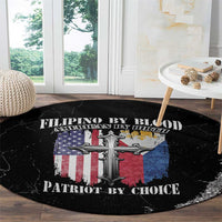 Black round grunge rug with centered cross over U.S. flag colors and slogan text
