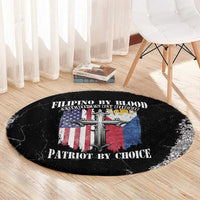 Black round grunge rug with cross graphic and U.S. flag colors, distressed lettering