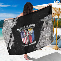 Black and white grunge print sarong shown open, crest logo and text