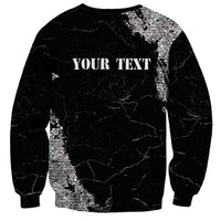 Unisex black grunge sweatshirt back with 'YOUR TEXT' distressed print, crew neck