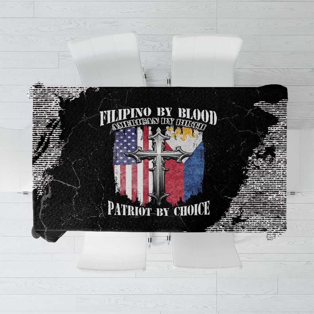 Black grunge-style tablecloth with distressed text and cross plus flag graphics in center
