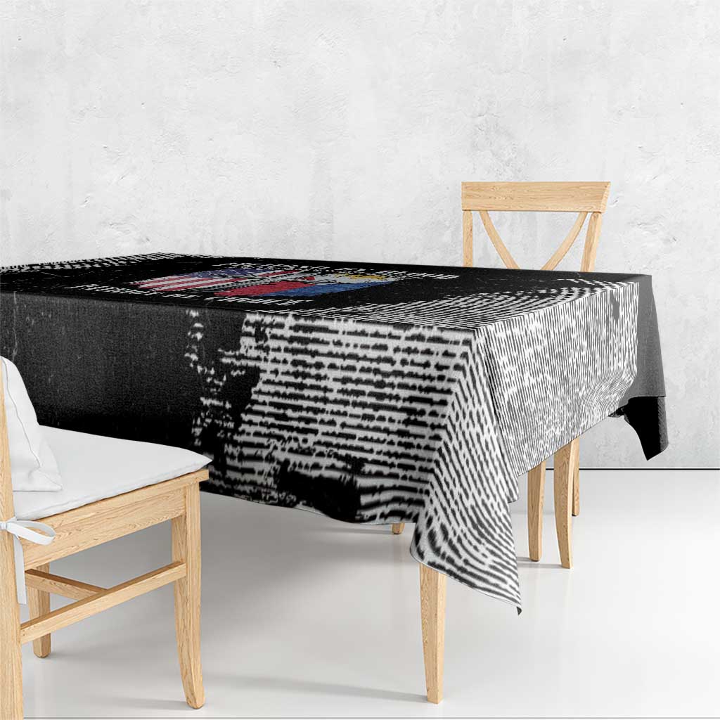 Black grunge-style tablecloth with distressed striped pattern and graphic print corner drape