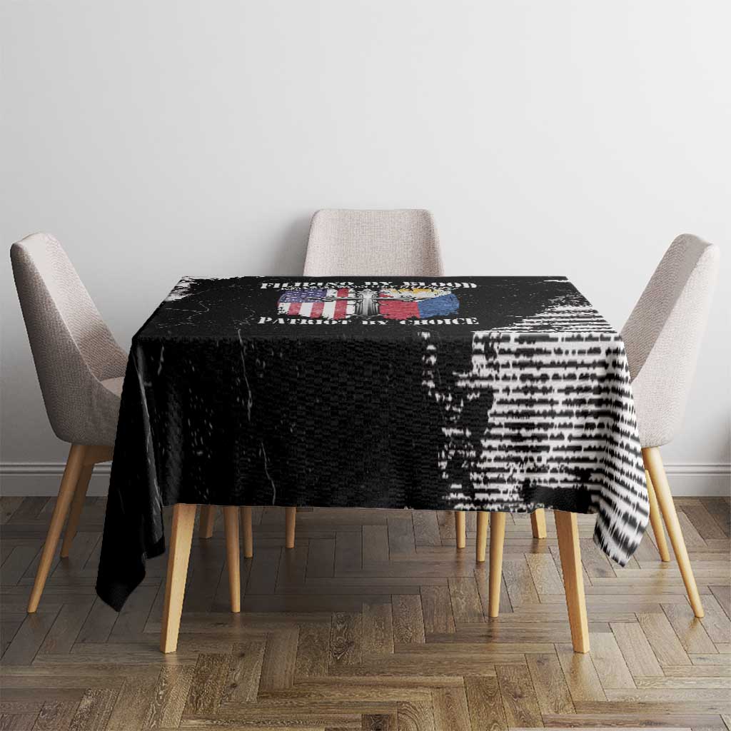 Black grunge-style tablecloth with distressed graphic print across tabletop center