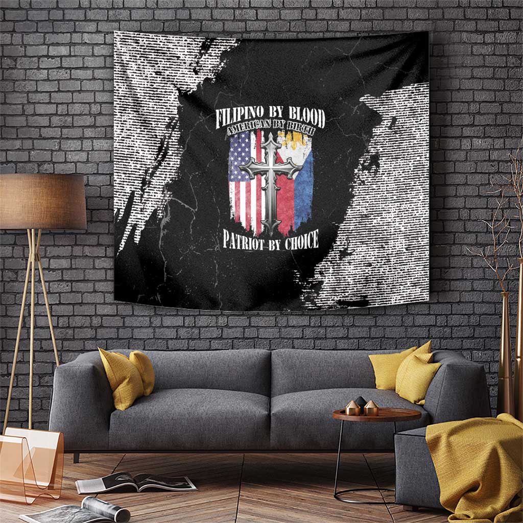 Grunge-style wall tapestry with black and white paint splash and patriotic cross emblem