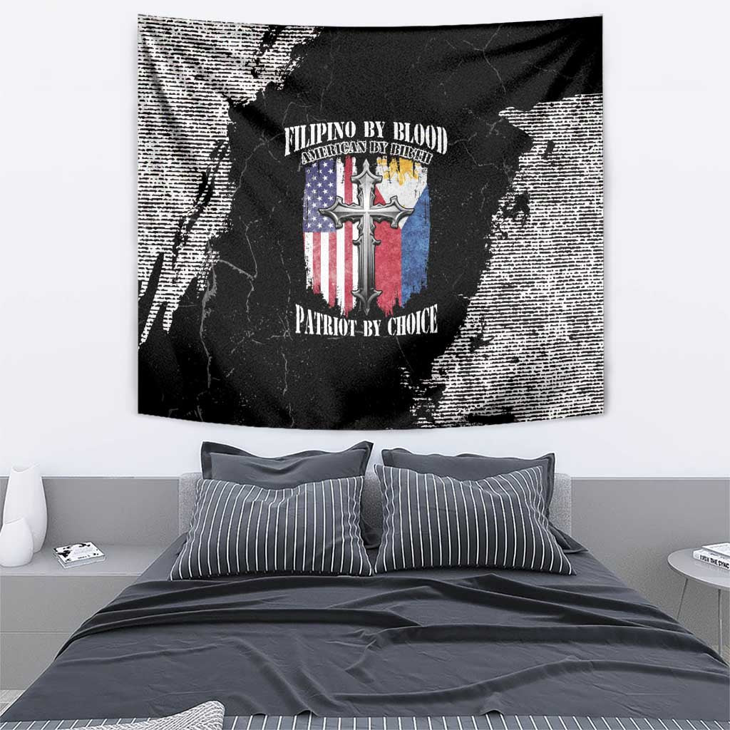Grunge wall tapestry featuring a patriotic cross emblem on a black-and-white splatter design