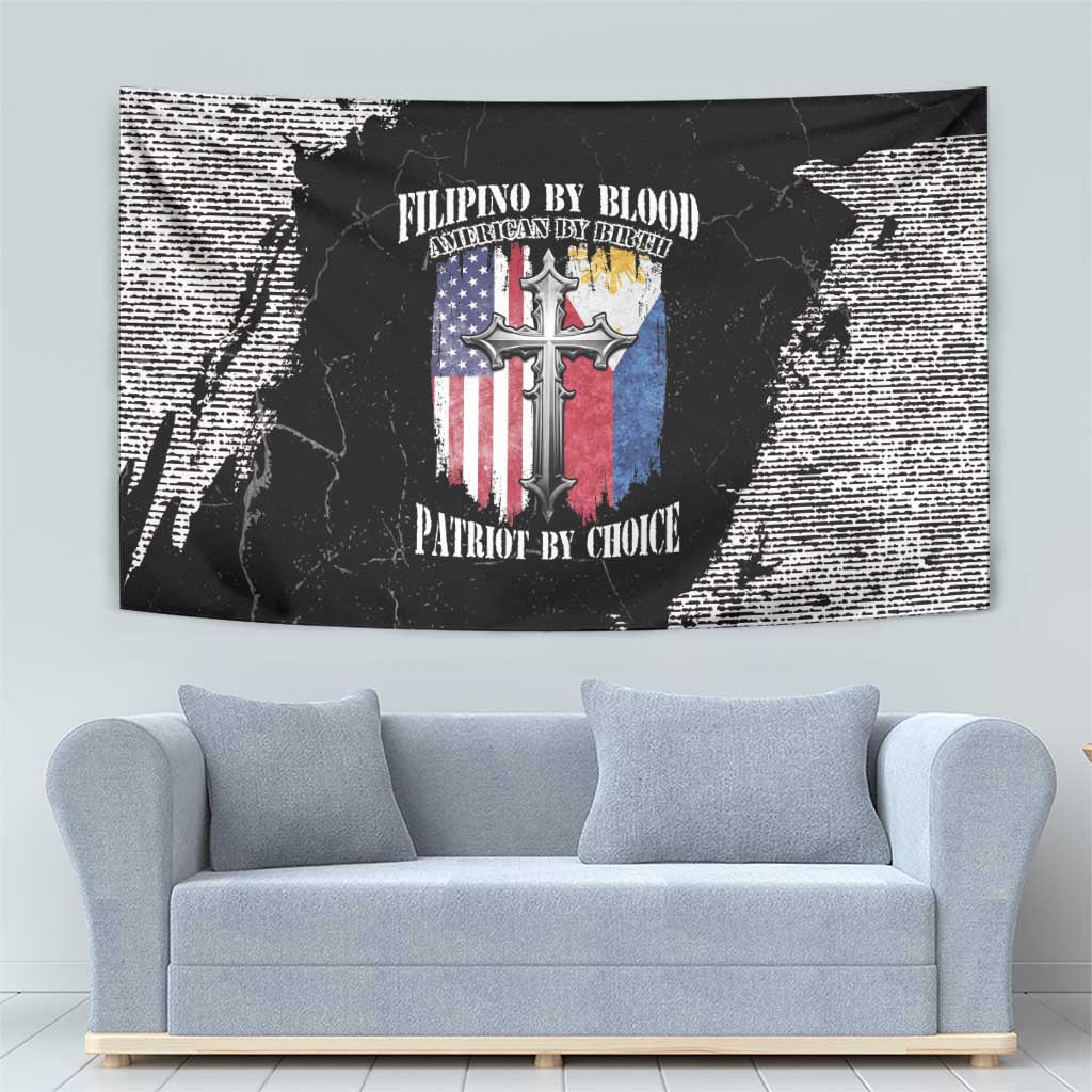 Wall tapestry with central crest, cross, and bold text on a black-and-white grunge background