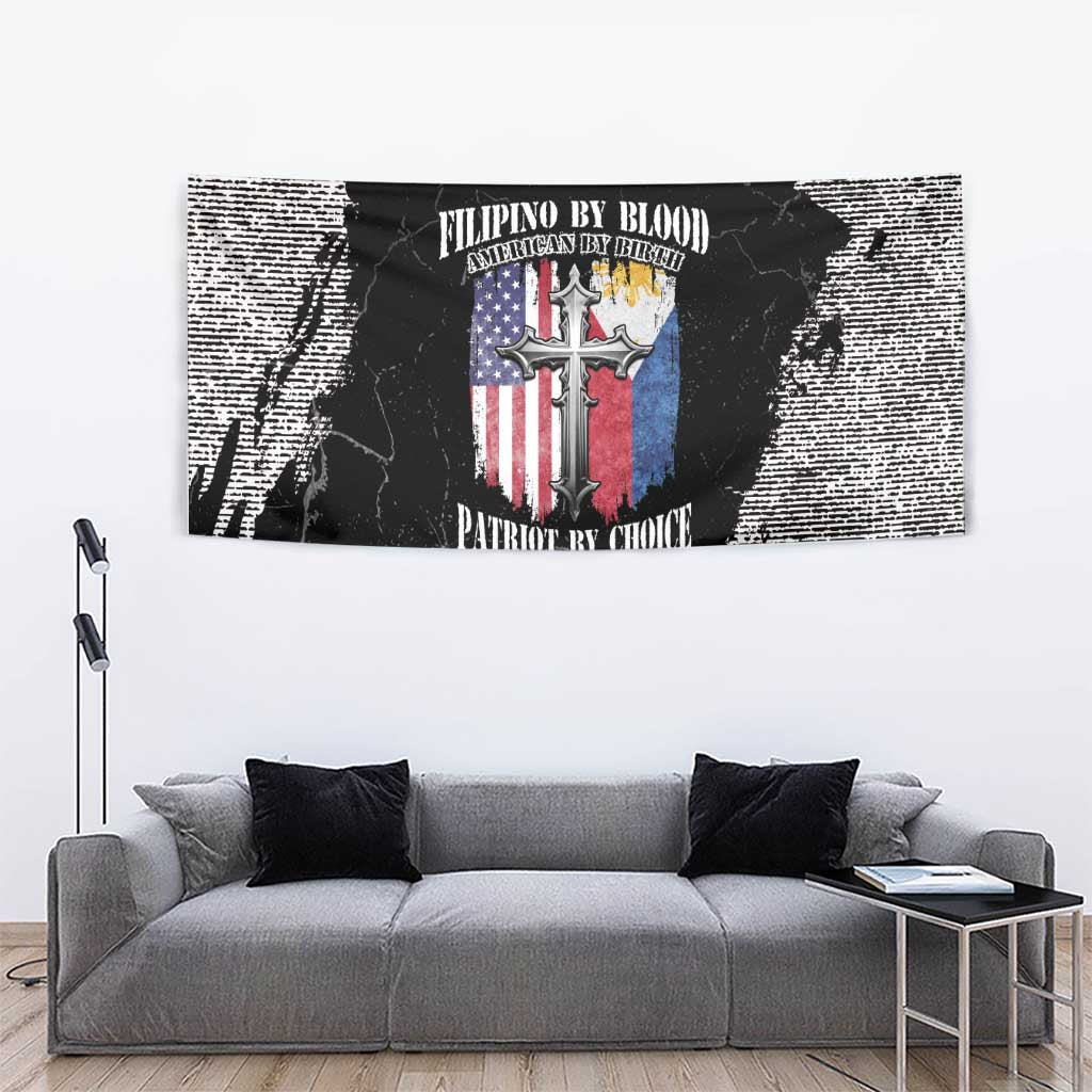 Rectangular tapestry with patriotic cross crest and multicolor flag accents on black-and-white grunge