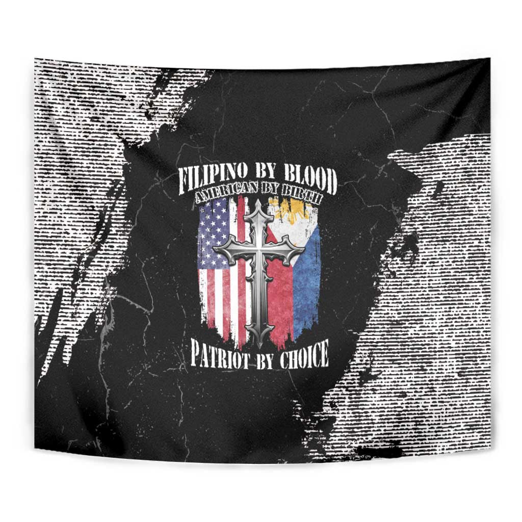 Close-up view of grunge-style tapestry with black paint splash and patriotic cross emblem