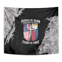 Close-up view of grunge-style tapestry with black paint splash and patriotic cross emblem