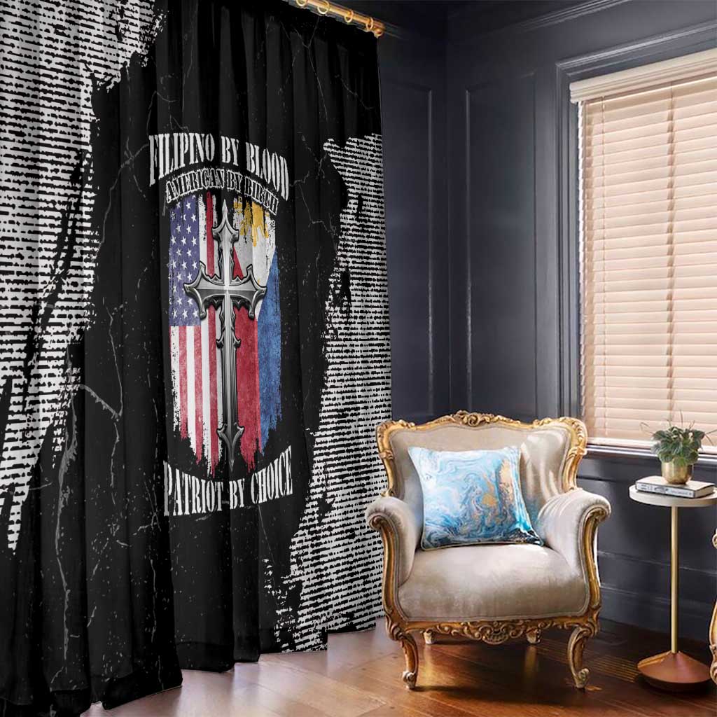 Black grunge window curtain panels with patriotic emblem print, hanging floor-length.