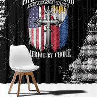 Black grunge curtain panel with large patriotic emblem and US flag style artwork.
