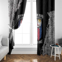 Black grunge window curtain panels with patriotic emblem and distressed print.